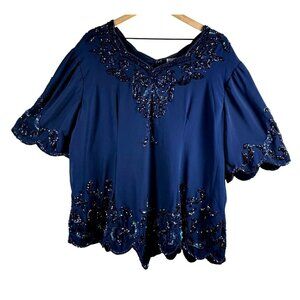 Elegant Deep Navy Beaded & Sequined V-Neck Blouse | Puff Sleeves | Size 2X